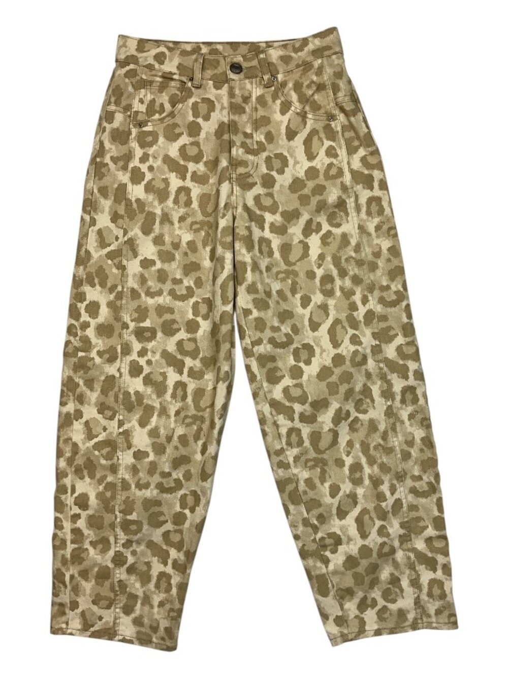 TNS Tennis Denim Leopard Print Barrel Leg Jean US 3 Tan Cream